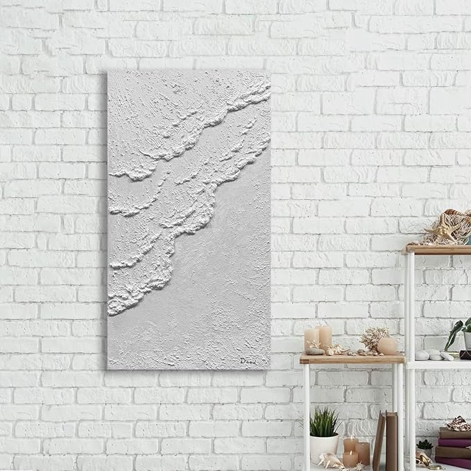 MyArton Abstract White Beach Waves Wall Art, Textured White Wall Art, Modern Canvas Handmade Oil Painting, 3D Thick Texture Wall Artwork for Home Decoration Framed Ready to hang Vertical 24x48inch