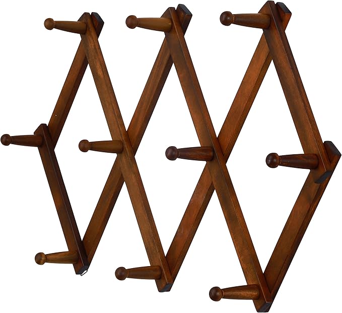 Dseap Accordian Wall Hanger: 16” High Wooden Wall Expandable Coat Rack, Hat Rack Holder, Accordion Hook for Baseball Caps, Coats, Mugs, 10 Peg Hooks, Brown