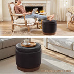 Round Storage Ottoman,Dark Brown Swivel Vanity Stool-Smooth Faux Leather Foot Rest,Footstool Pouf with Sturdy Acacia Wood Frame(500lbs),Hidden Storage Ottoman for Living Room Assembled
