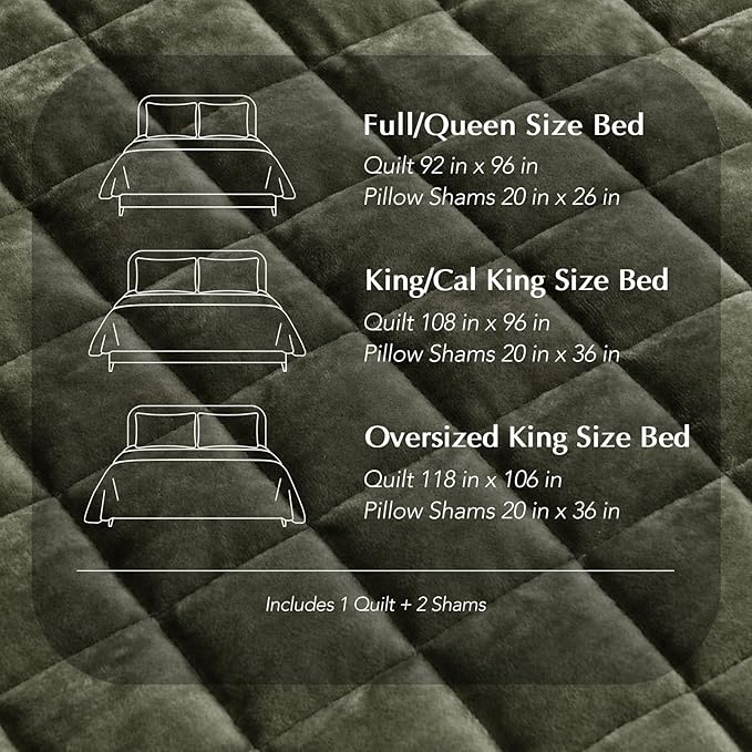 RECYCO Luxury Velvet Quilt Set Full Queen Size, Lightweight Velvet Comforter Set, Oversized Bedspread Coverlet Quilted Bedding Set, with 2 Matching Pillow Shams, for All Season, Olive Green