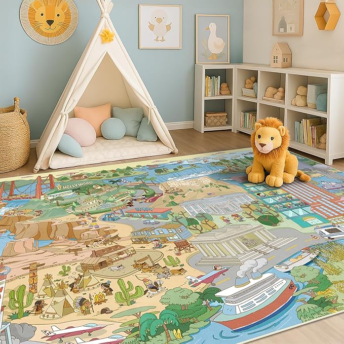 Washable Kids Rug 5x7 North America Map for Playroom – Educational Carpet for Preschool, Daycare, Classroom – Learn Geography, Animals & Landmarks – Fun Washable Activity Rug for Large Kids