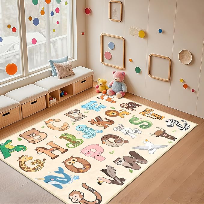 Kids Rugs for Playroom - 3x5 Feet ABC Alphabet Rug for Kids Room Educaitonal Learning Animal, Preschool Rug for Children Toddler Bedroom Nursery Kindergarten Decor, Beige