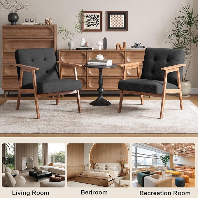 Mid Century Accent Chair, Upholstered Fabric Lounge Chair with Walnut Finish Frame for Living Room, Comfortable Sofa Chairs in Dark Gray