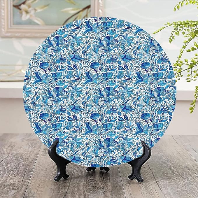 Decorative Plates, Floral Print Ornament, Turkish Ceramic Art Swirled Nature Leaves, 6 Inch, 1 Plate with 1 Display Stand, Blue Navy and Green