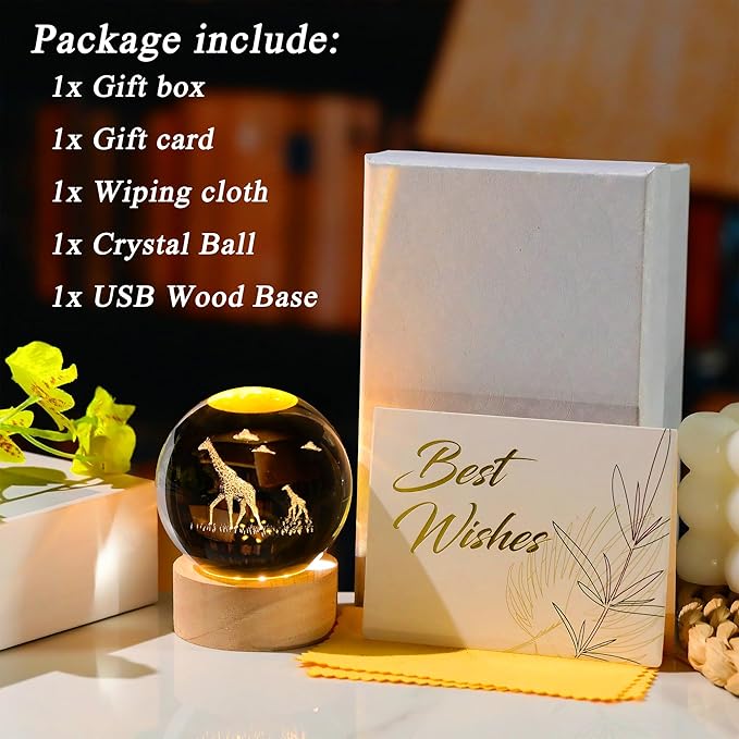 Giraffe Gifts for Women Men 3D Giraffes Crystal Ball with Wooden Light Base Glass Animal Decor Gifts for Giraffe Lovers for Christmas Mothers Valentine's Day Birthday (Diameter 2.36 inches)