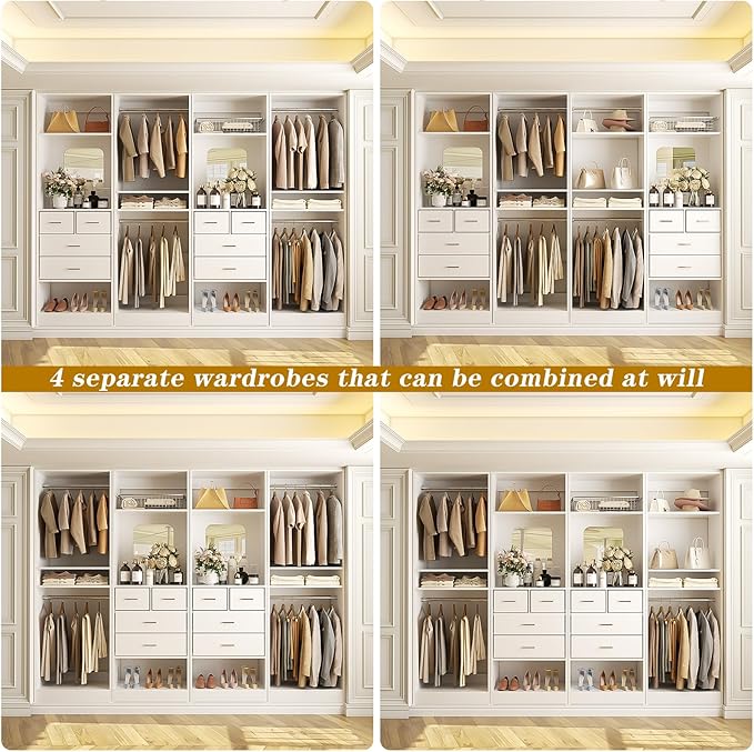 Unikito 100” Closet System with Drawers, 8.3FT Wood Closet Organizer with Hanging Rods and Mirror Design, Reversible Large Walk in Wardrobe Garment Rack with Shelves, Sturdy Closet Tower, White