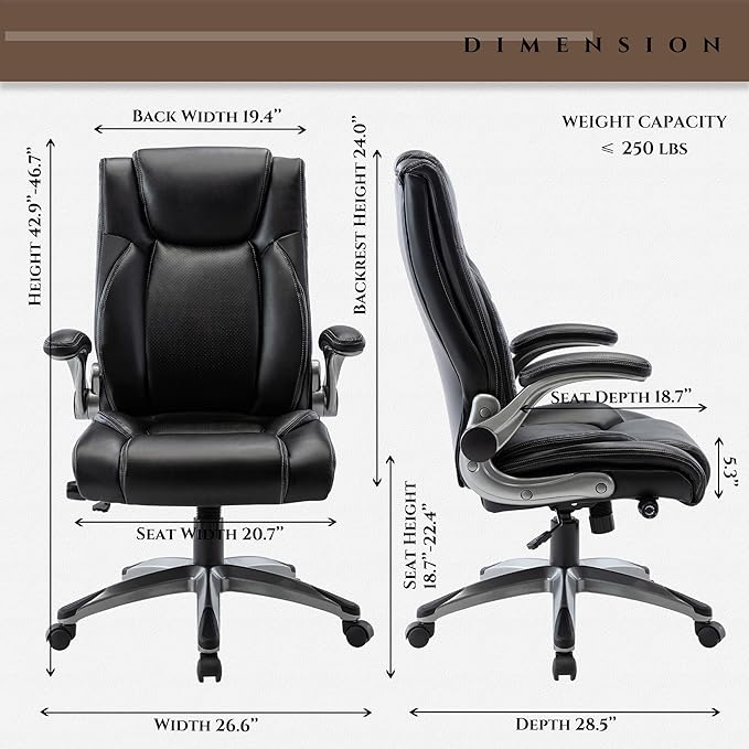 COLAMY Executive Office Ergonomic Chair with Thick Bonded Leather, 300lbs Capacity Big and Tall High Back Desk Chair with Flip-up Armrests, Adjustable Height and Tilt for Working, Study, Gaming,2PC