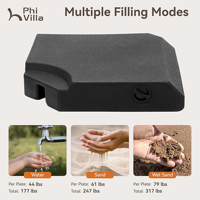 PHI VILLA Cantilever Patio Umbrella Base Weight 4 PCS, HDPE Heavy Duty Square Design, 317 lbs Filled Weight, Offset Patio Umbrella Stand for Poolside Backyard, Black