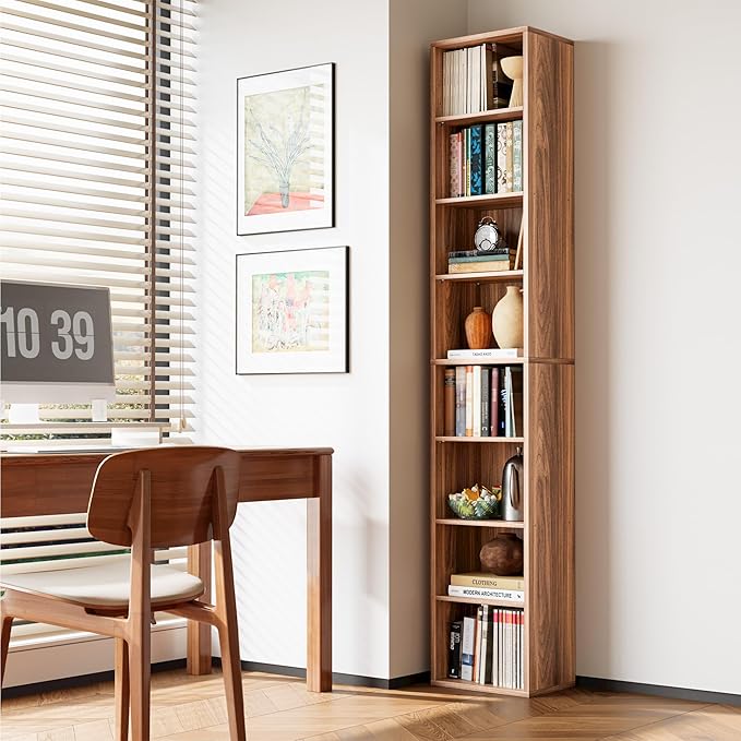 IRONCK Tall Narrow Bookshelf 8 Tiers, Compact Corner Bookcase, Easy to Match for Living Room, Office, Study, Bedroom, Oak Brown