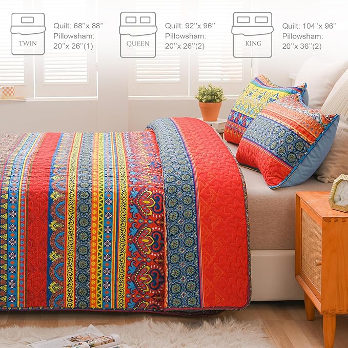 Exclusivo Mezcla Reversible Boho Quilts Queen Size, Blue Bedspreads Lightweight Coverlet All Season Bohemian Quilt Bedding Set with Printed Floral Pattern (1 Quilt, 2 Pillow Shams)