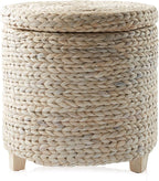 Casafield 17" Round Storage Ottoman with Lid - Whitewash, Handwoven Water Hyacinth Footstool for Living Room, Bedroom, Bathroom, Home Office