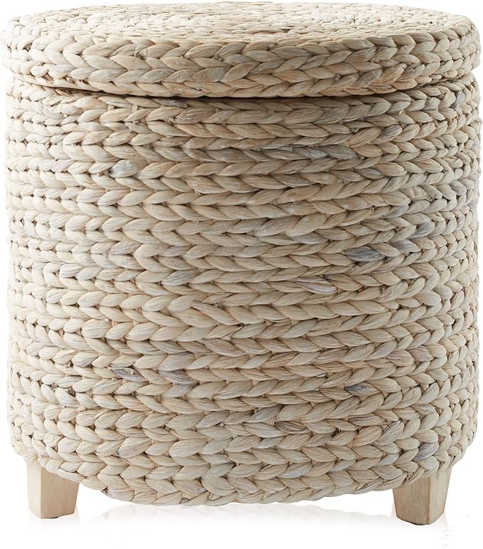 Casafield 17" Round Storage Ottoman with Lid - Whitewash, Handwoven Water Hyacinth Footstool for Living Room, Bedroom, Bathroom, Home Office