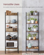VASAGLE Ladder Shelf, 5-Tier Bookshelf, Storage Rack, Bookcase with Steel Frame, for Living Room, Home Office, Kitchen, Bedroom, Industrial Style, Rustic Brown and Ink Black ULLS45X