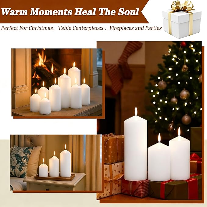 White Pillar Candles Bulk Set of 12, 3 Different Lengths 3 x 3/6/8 Inch (4 Each), Hurricane Candles, Dripless Unscented Smokeless, Gives You a Better Atmosphere When Organizing an Event Party.