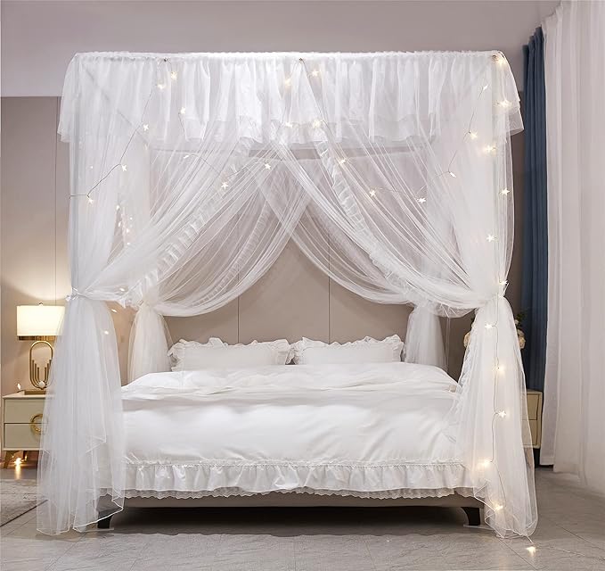 VETHIN 4 Corners Post Ruffle Princess Bed Canopy Curtain-Double Layer Cozy Drape Netting 4 Opening Mosquito Net for Girls Adults Bedroom Decoration (White/White, 59" W*82" L*82"*H/(Queen))