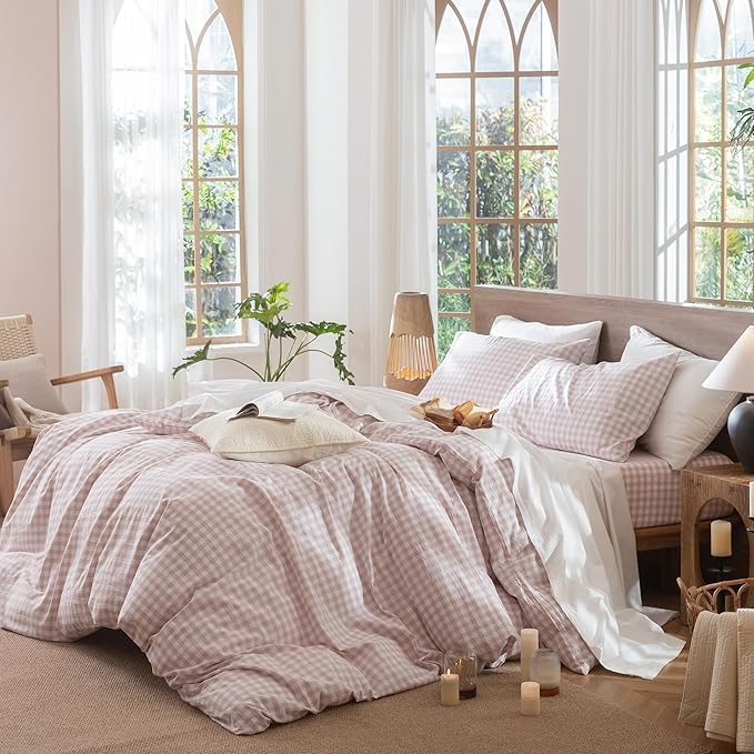 MooMee Gingham Duvet Cover Set 100% Washed Cotton Linen Like Textured Breathable Durable Soft Comfy Modern Checkered Design (Classic Gingham Greyish Pink, Full 80"x90")
