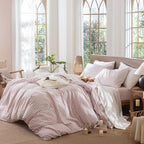 MooMee Gingham Duvet Cover Set 100% Washed Cotton Linen Like Textured Breathable Durable Soft Comfy Modern Checkered Design (Classic Gingham Greyish Pink, Oversized Full 82"x86")