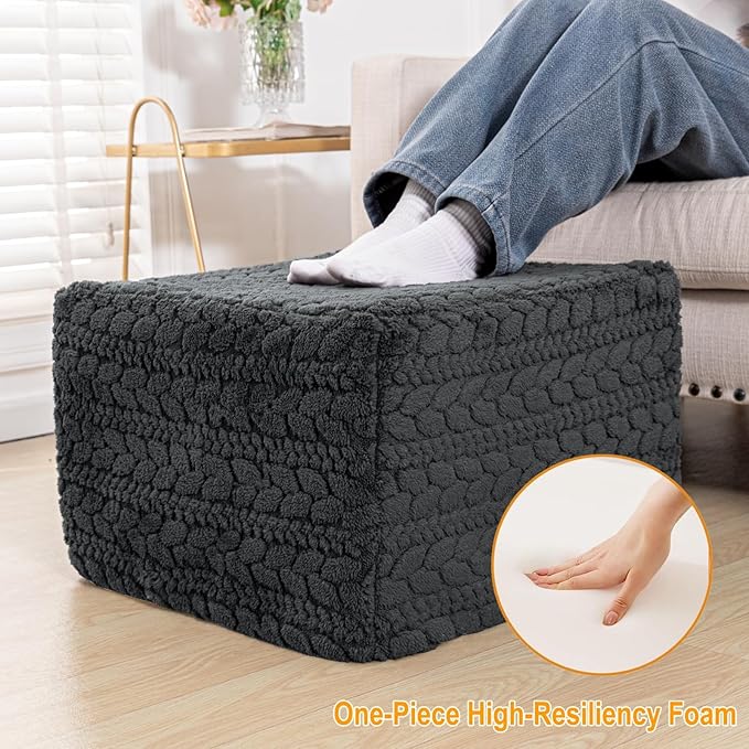 20x20x14 Inches Fluffy Square Pouf Ottoman - Plush Furry Ottoman Foot Rest Stool with High-Density Foam, Versatile Floor Seating for Living Room (Gray)