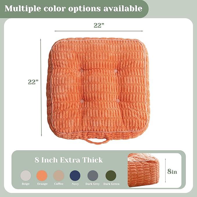 8" Washable Floor Pillow Cushion for Adults, Meditation Cushion Pillow, Removable Tufted Blended Corduroy Cover, Large Square Floor Sitting for Tatami Living Room or Yoga, 22x22 Inch, Machine Washable
