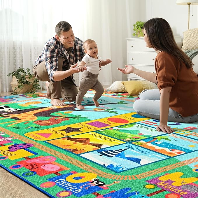 Kids Rug for Playroom, 4x6 ABC Educational Carpet for Classroom, Fun Alphabet Area Rugs for Learn Numbers Season Animal Weather and Shapes Playmat for Girls Boys Room Nursery Decor