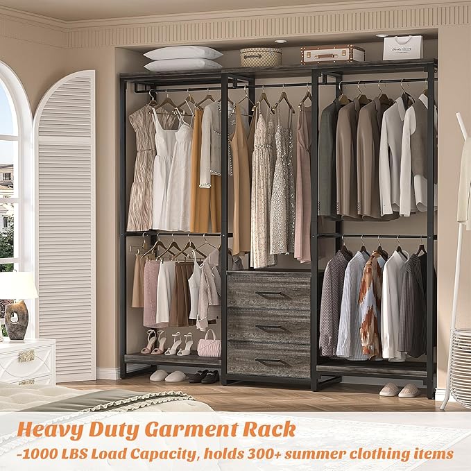 Aheaplus Garment Rack Heavy Duty Clothes Rack for Hanging Clothes,Clothing Rack with Drawers, Wood Stoarge Shelf Wardrobe Rack, Freestanding Closet Corner L Shaped Closet System Organizers,Black Oak