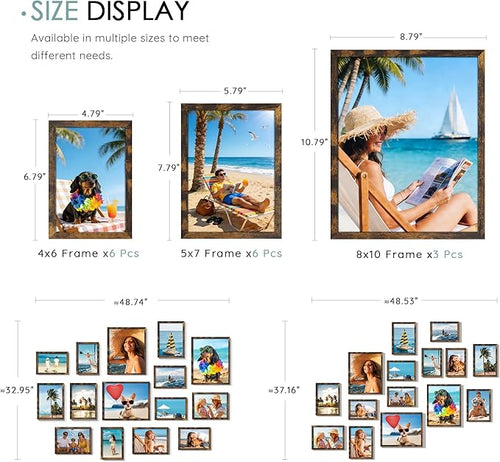 15 Pack Picture Frames Collage Wall Decor, Brown Frame Set with 3pcs 8x10, 6pcs 5x7, 6pcs 4x6 for Gallery Display, Wall Mounting & Tabletop, Bulk Photo Frames for Living Room Decor