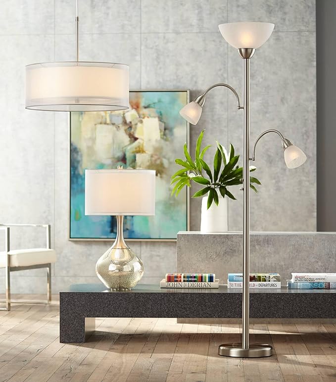 Possini Euro Design Alexei Modern Torchiere Floor Lamp Tree 3-Light Gooseneck Arm 72" Tall Brushed Nickel White Crackle Glass Pole Dimmer Living Room Reading House Bedroom Home Office