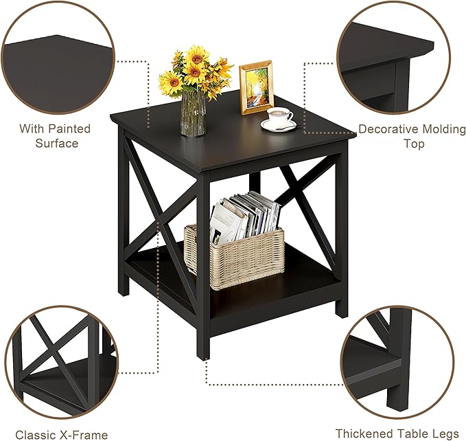 ChooChoo End Tables Set of 2, 24 Inch End Table with 2-Tier Storage Shelf, Side Table for Living Room, Wood Nightstand for Bedroom, Office, Painted Surface, Black