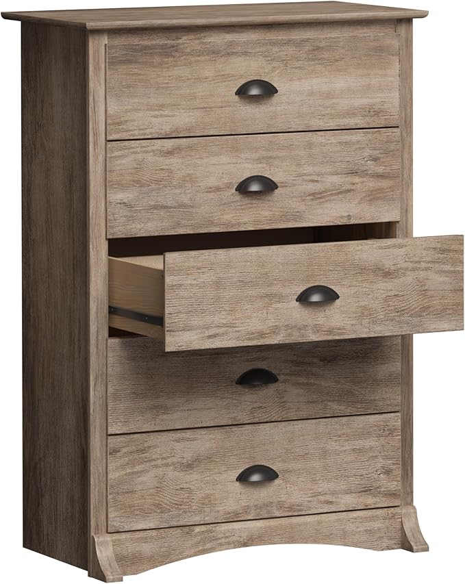 Prepac Sonoma Rustic 5-Drawer Tall Dresser for Bedroom, Farmhouse Dresser Chest of Drawers 17.75" D x 31.5" W x 44.75" H, Drifted Gray