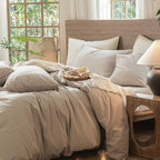 MooMee Wavy Striped Duvet Cover Set 100% Washed Cotton Linen Like Textured Breathable Durable Soft Comfy (Beige, Full 80"x90")
