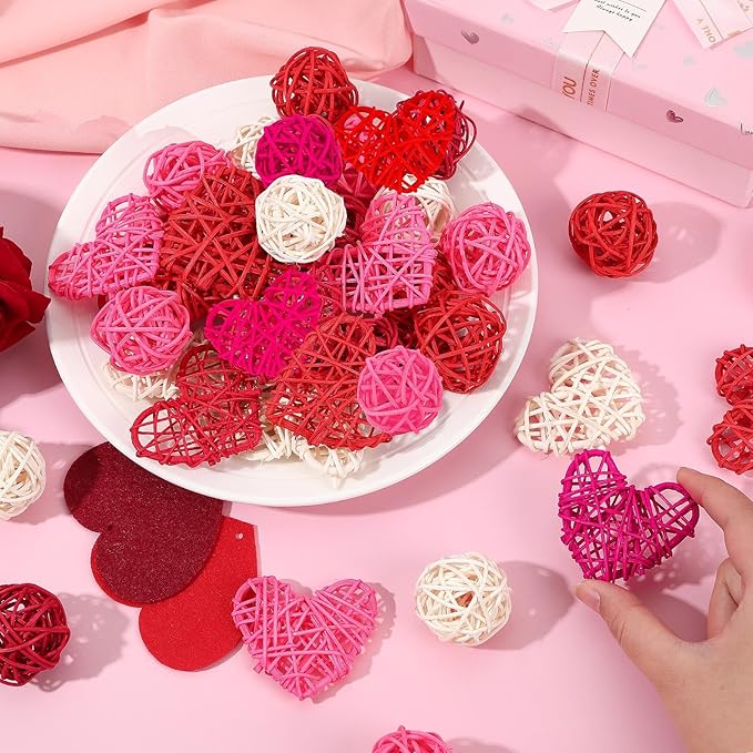 NOVWANG 40 Pcs Valentine's Day Rattan Balls Decorative, Centerpieces Vase Filler Heart Wicker Ball for Valentine's Day Wedding Party Decoration Table Hanging Decor DIY Crafts (Red, Rose, Pink, White)