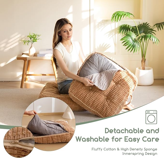 6" Washable Floor Pillow Cushion for Adults, Meditation Cushion Pillow, Removable Tufted Blended Corduroy Cover, Large Square Floor Sitting for Tatami Living Room or Yoga, 22x22 Inch, Machine Washable