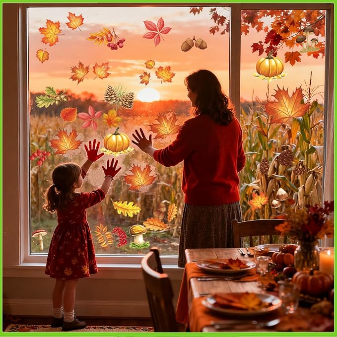 Fall Window Clings for Glass Windows, 71pcs Autumn Window Clings Maple Leaf Pumpkin Window Sticker Thanksgiving Decor, 7 Sheets Fall Decorations for Classroom Office Home Indoor Clearance Party