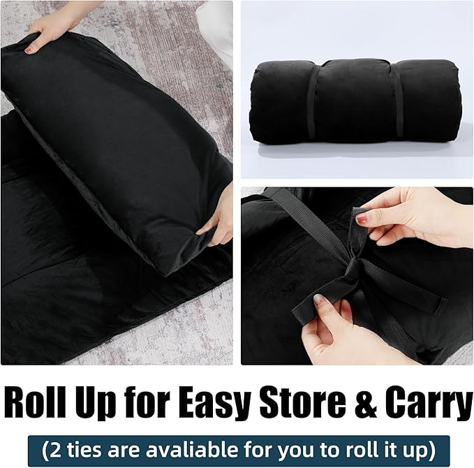 HOMBYS Floor Lounger Pillow Foldable and Tufted Design Long Floor Cushion for Yoga, Reading, Sleeping, Meditation, Elastic Band for Roll Up and Easy Storage, Machine Washable, Black, 74"x27"