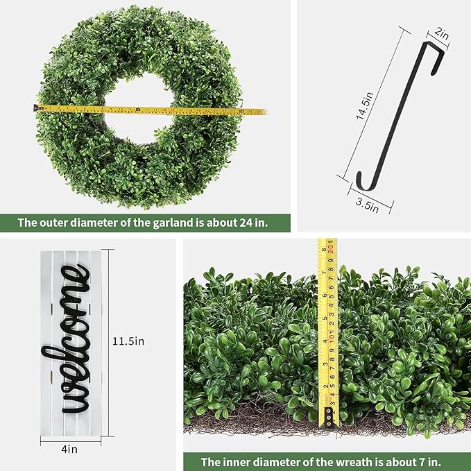 24" Spring Wreath for Front Door, Artificial Boxwood Wreaths, Summer Door Wreath, Used for Spring Home Decor,Farmhouse or Room Indoors,Outdoors, corridors, Offices (Green)