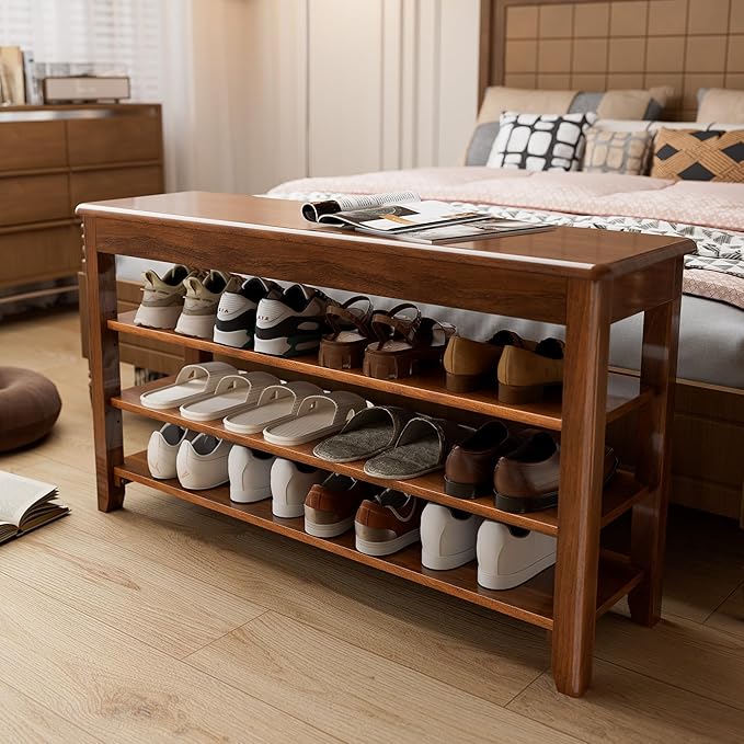 Shoe Storage Bench for Entryway - 4 Tier Shoe Rack for Front Door Entrance, Rubberwood Shoe Rack with Bench Height Adjustable, Entryway Bench with Shoe Storage for Any Room (Walnut, 39.4" W)