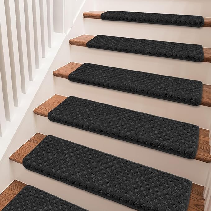 PURE ERA Bullnose Carpet Stair Treads Tape Free Non-Slip Indoor Stair Protectors Pet Friendly Stair Treads for Wooden Steps 9.5" x 30"(7 Pieces,Black Mini-Diamond Trellis)