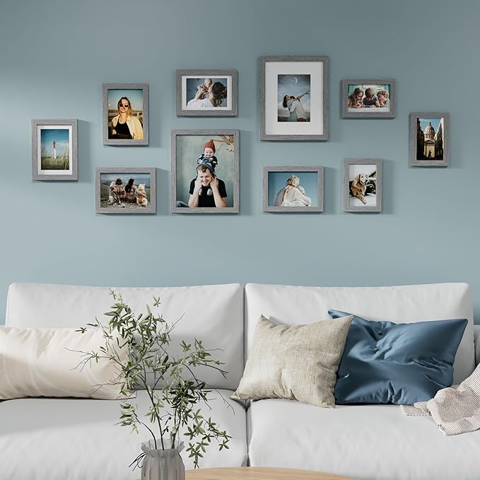 Vittanly 10 Pack Picture Frames Collage Wall Decor, Gallery Wall Frame Set for Wall or Tabletop Display, Engineered Wood and Shatter-resistant Plexiglass, Multi Sizes with 8x10, 5x7, 4x6 Frames, Grey