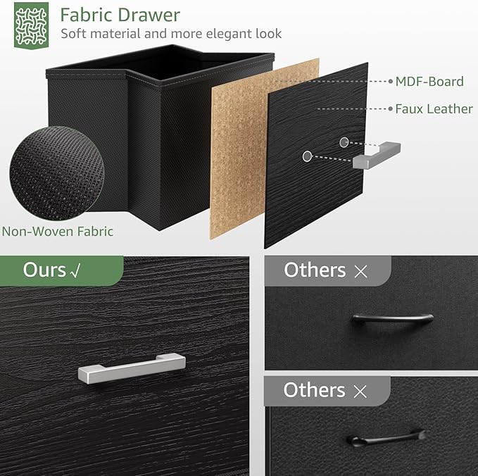 BOLUO Black Dresser with LED Light and Charging Station for Bedroom 6 Drawer Dresser with USB Outlet, Fabric Dressers & Chests of Drawers Modern