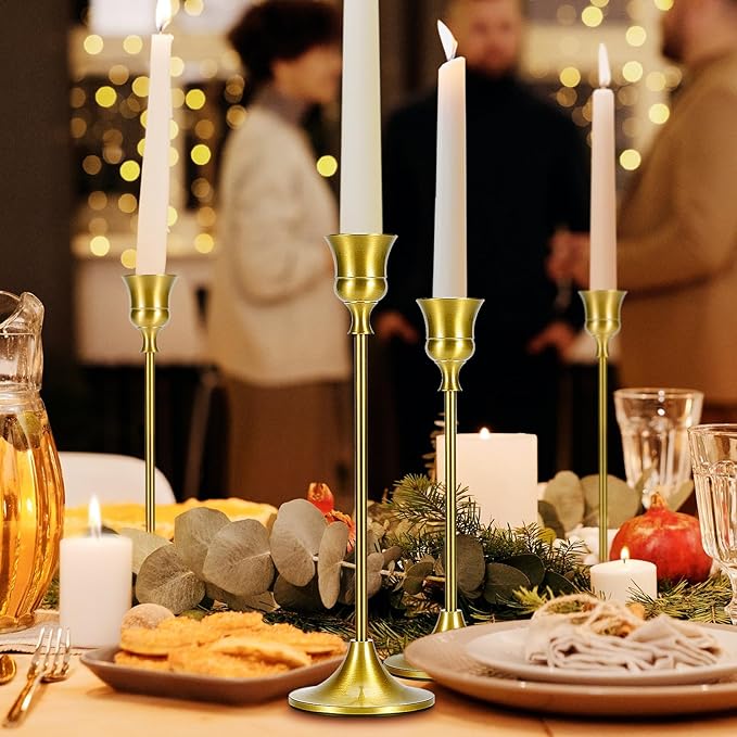 Candle Holder Gold Taper Candlestick Holders - Table Décor Brass Golden Pillar Candle Sticks Holder Set of 6, Antique Fireplace Decor Tapered Bulk Candelabra for Wedding, Christmas