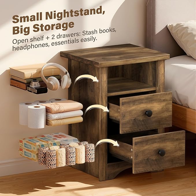 JUMMICO Farmhouse Nightstands, End Table with 2 Storage Drawers and Open Shelf, Rustic Bedside Table for Bedroom, Living Room(2, Warm Amber)