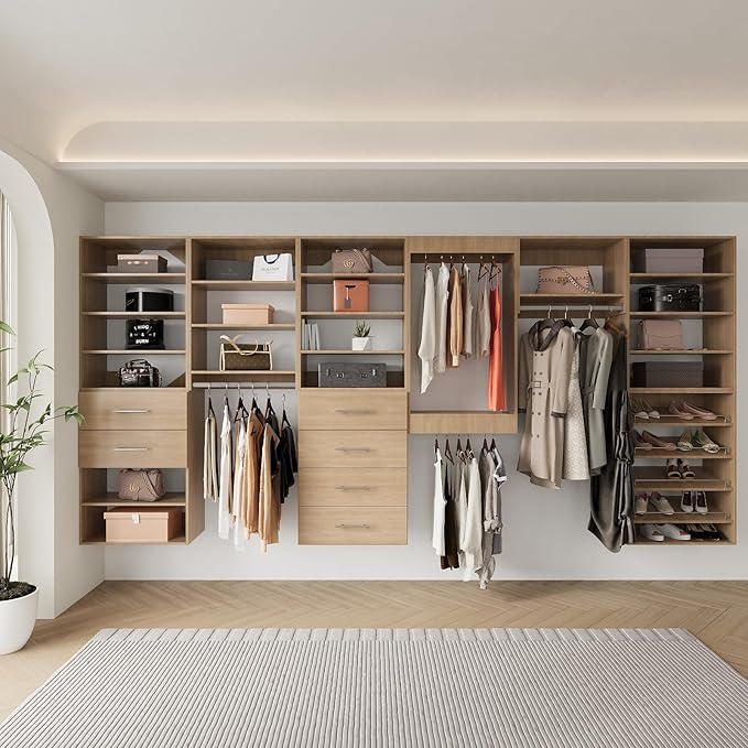Modular Closet with 66" Width, Wooden Towers and Wall Mounted Hanging System for Bedroom Walk-in Closets