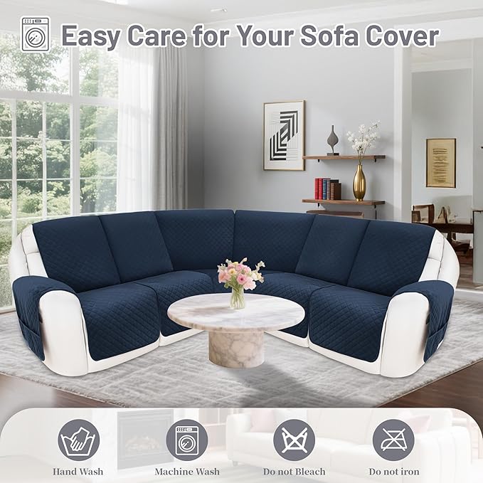 Reclining Sectional Couch Covers 100% Waterproof Velvet L Shape Recliner Sofa Cover for Dogs Pets Washable Anti Slip Recliner Slipcovers with Pockets (5 Seat Sofa, Navy Blue)