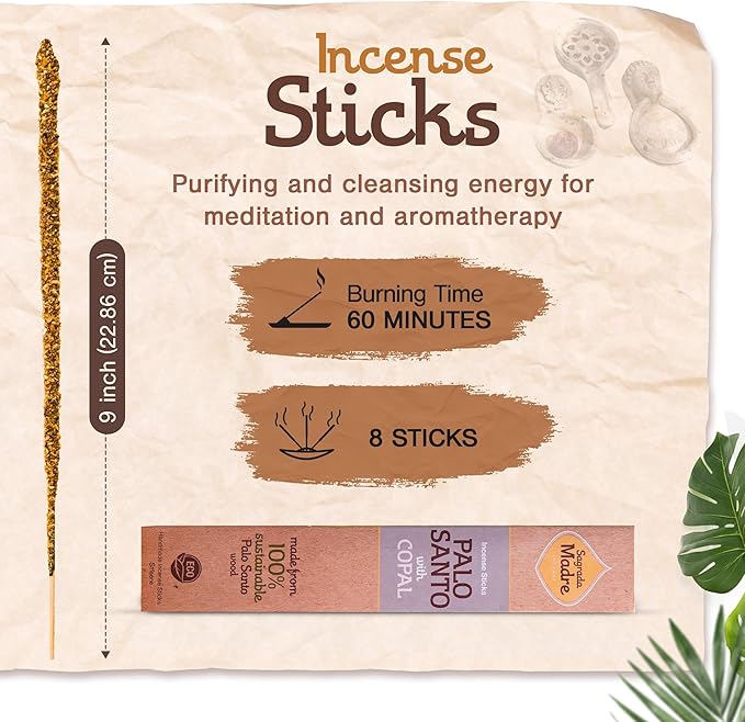 Sagrada Madre 8pcs Wildly Harvested Thick Palo Santo Incense Sticks (Copal), 9” Long - Non-Toxic, Aromatic Incense Sticks (1hr Burning Time) to Heal & Calm Your Body and Environment-Pack x 3