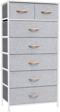 Crestlive Products Vertical Dresser Storage Tower - Sturdy Steel Frame, Wood Top, Easy Pull Fabric Bins, Wood Handles - Organizer Unit for Bedroom, Hallway, Entryway, Closets - 7 Drawers (Light Gray)