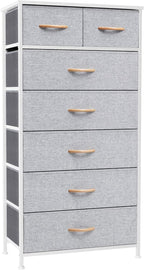Crestlive Products Vertical Dresser Storage Tower - Sturdy Steel Frame, Wood Top, Easy Pull Fabric Bins, Wood Handles - Organizer Unit for Bedroom, Hallway, Entryway, Closets - 7 Drawers (Light Gray)