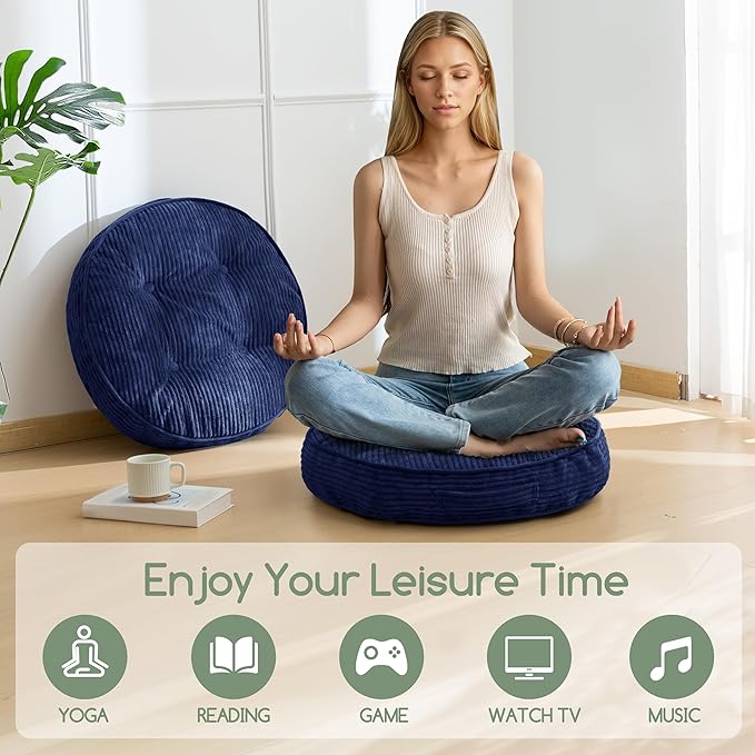 Washable Floor Pillow Cushion for Adults, Meditation Cushion Pillow, Large Round Floor Sitting, Removable Tufted Corduroy Cover, for Tatami Living Room or Yoga, 22x22 Inch, 2Pack, Machine Washable