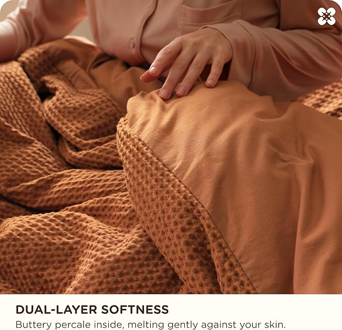 Bedsure Cotton Duvet Cover Queen Size - 100% Cotton Waffle Weave Terracotta Duvet Cover Queen Size, GentleSoft™ and Breathable Bedding Set for All Season, 3 Pieces, 90"x90"