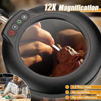 Real Glass 12X Magnifying Glass with Light and Stand (No Acrylic Lens), 2-in-1 Lighted Magnifier with Clamp, 5 Color Modes Dimmable LED Desk Lamp Hands Free for Painting Craft Sewing Hobby Close Work