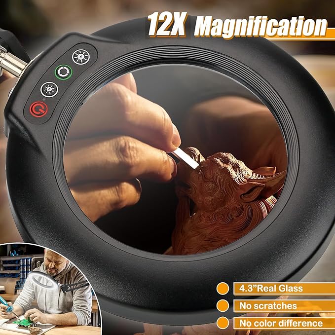 Real Glass 12X Magnifying Glass with Light and Stand (No Acrylic Lens), 2-in-1 Lighted Magnifier with Clamp, 5 Color Modes Dimmable LED Desk Lamp Hands Free for Painting Craft Sewing Hobby Close Work